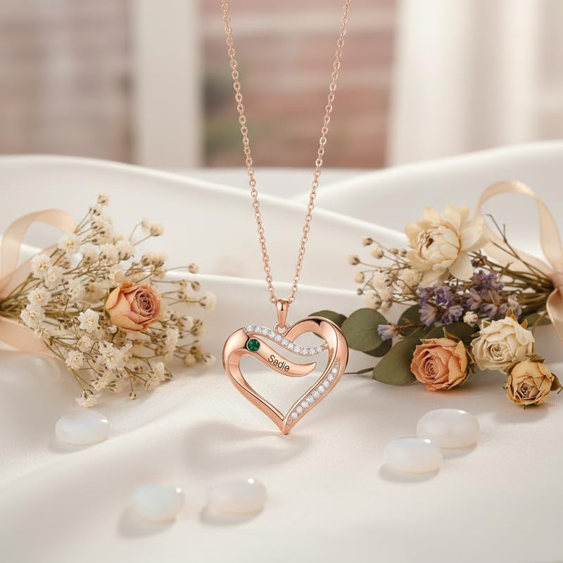 10K 14K 18K Gold  Personalized 1-4 Birthstones Engraved Heart Necklace for Women