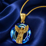 14K Gold Plated Blue Crystal Saint Protection Pendant Necklace Amulet Baptism Gift