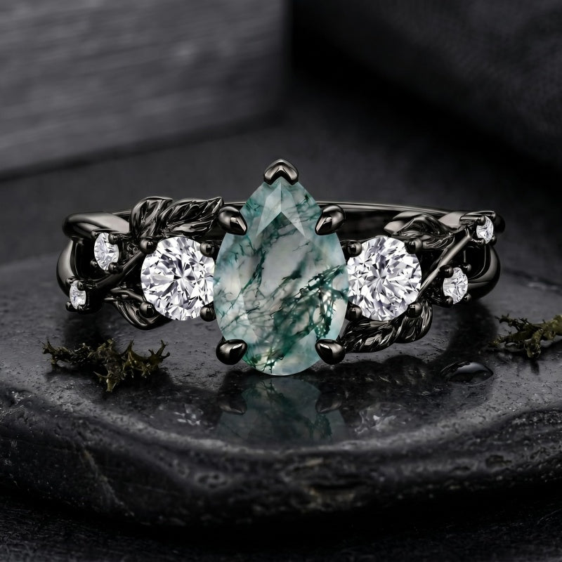 Sterling Silver 10K 14K 18K Gold 1-4CT Moss Agate Engagement Ring Promise Ring