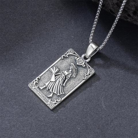 Sterling Silver Tarot Card 12 Zodiac Sign Pendant Necklace