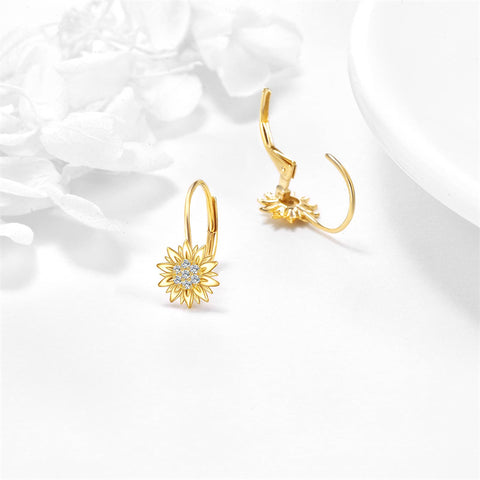 14K Yellow Gold Sunflower Leverback  Earrings