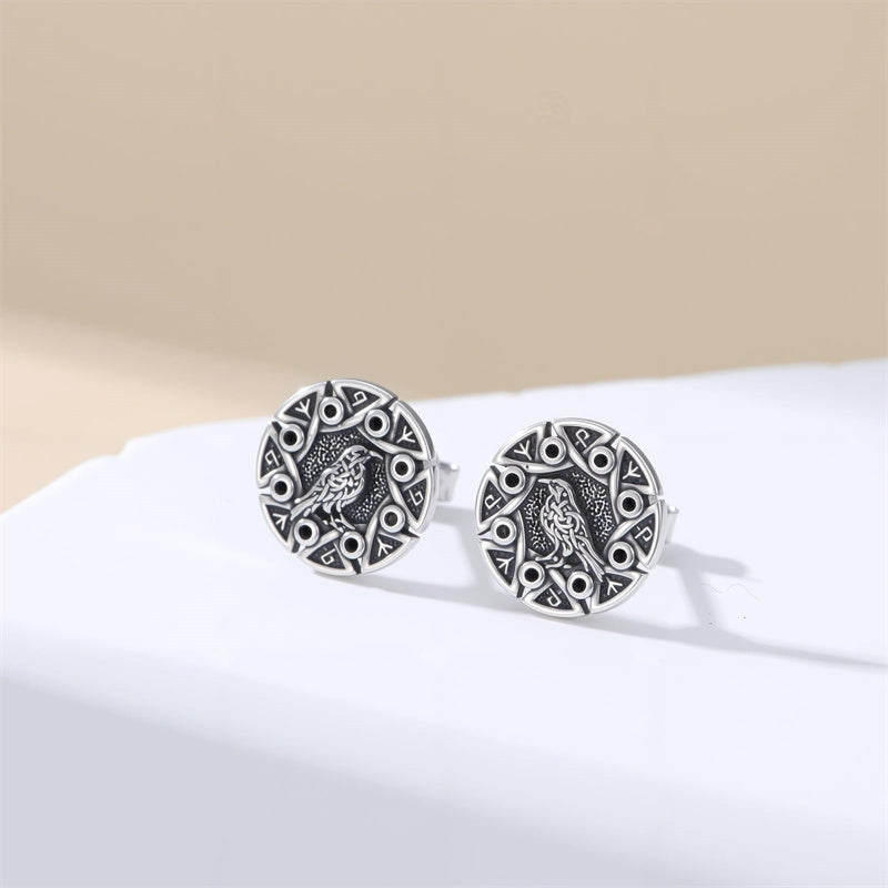 Sterling Silver Viking Raven Crow Skull Stud Earrings
