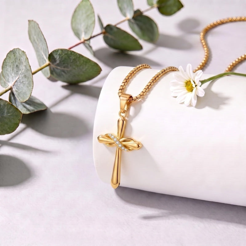 14K Gold Plated Birthstone Infinity  Cross Pendant NecklaceJewelry for Women