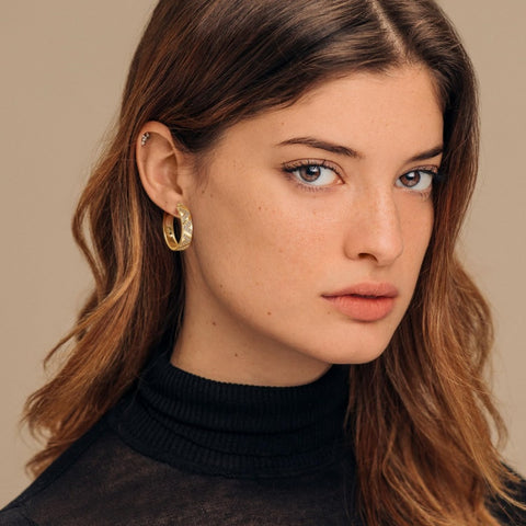 14K Gold Plated V-Shaped Cubic Zirconia Hoop Earrings for Women