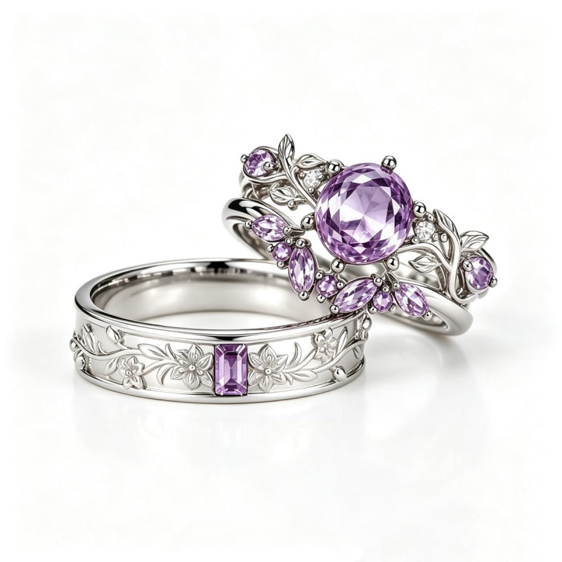 Sterling Silver 10K 14K 18K Gold Purple Gemstone Amethyst  Rings Set Couple Promise Rings Wedding Anniversary Rings