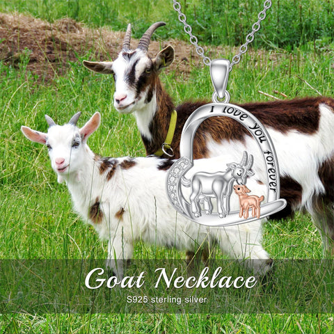 Sterling Silver Cubic Zirconia Mother Daughter Goat Pendant Necklace Engraved with "I Love You Forever"