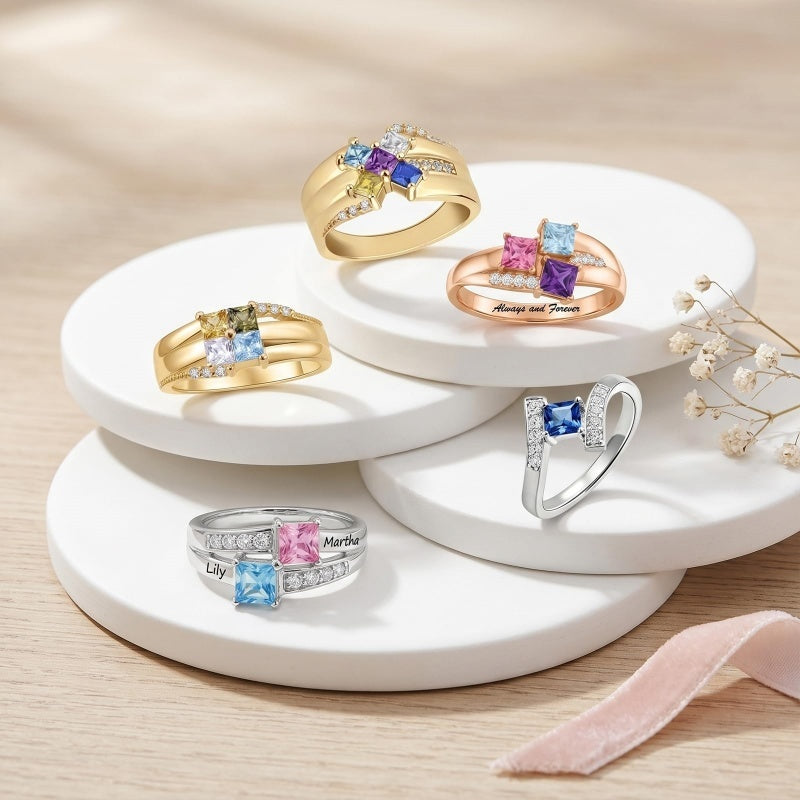 10K 14K 18K Gold Square Shaped Personalized 1-5 Birthstone  Family Mother's Ring Anniversary Ring for Women