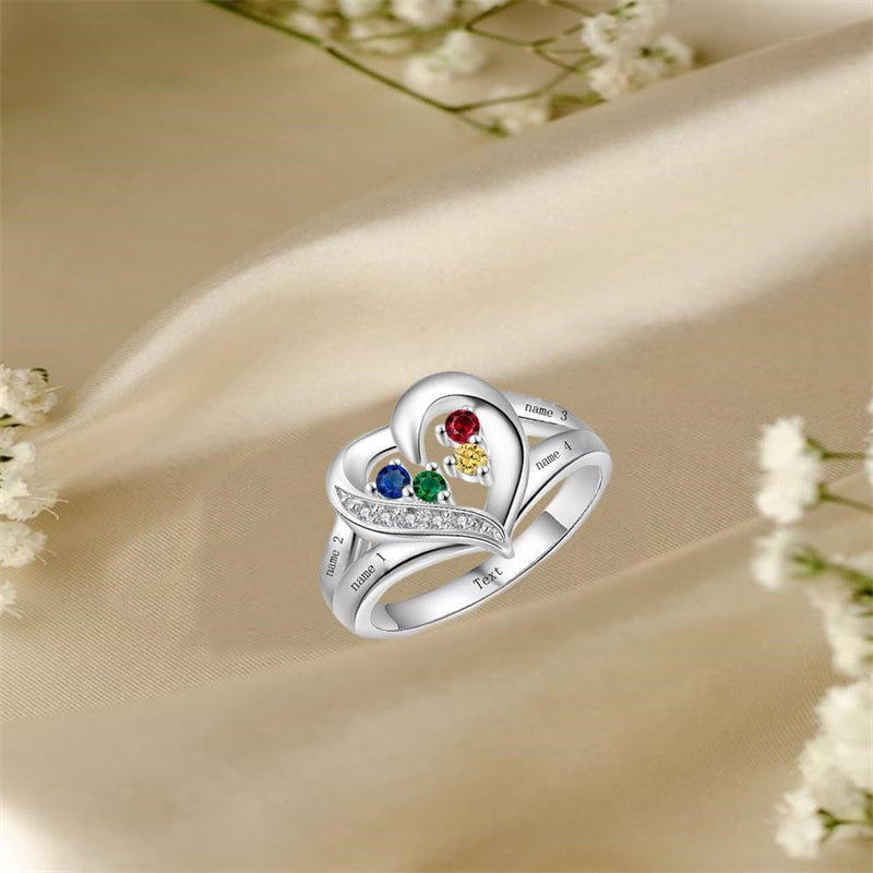 10K 14K 18K Gold Personalized 1-6 Stones Engraved Heart Mother Ring for Mother's Day