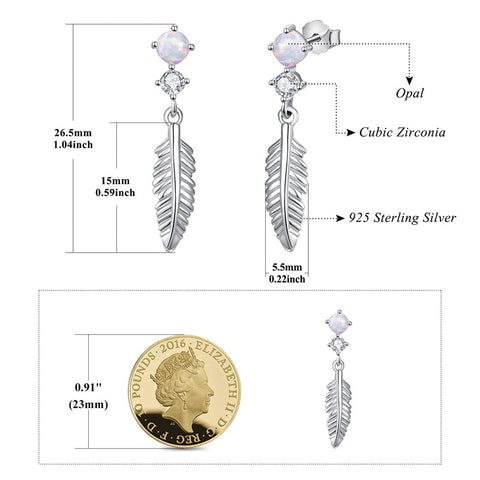 Silver Feather Dangle Earrings  925 Sterling Silver Dainty Earrings with White Opal Drop Feather Earring Gift for Wife Girlfriend Mother