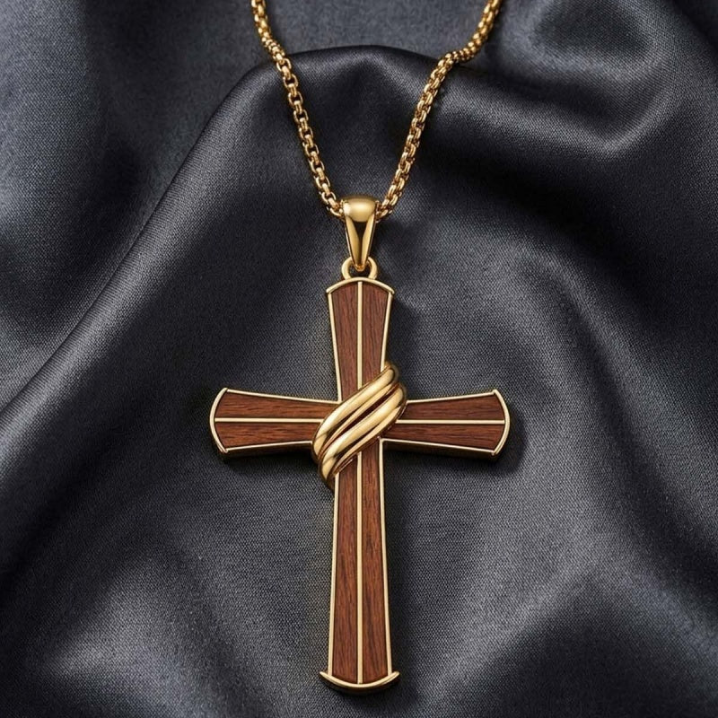 14K Gold Plated Wooden Cross Pendant Necklace Christian Catholic Jewelry Religious Gift