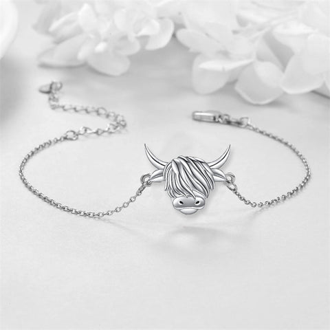 Animal Bracelet Sterling Silver Highland Cow Bracelet Cute Animal Jewelry for Women Girls Gifts