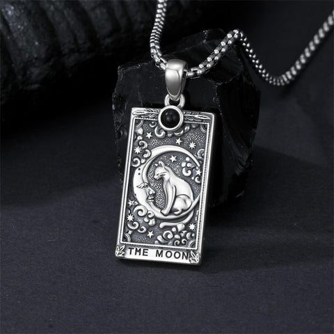 Sterling Silver Obsidian Lover Justice Cat Sun Moon Tarot Card Pendant Necklace