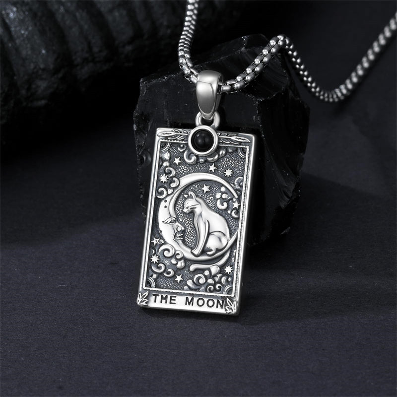 Sterling Silver Obsidian Lover Justice Cat Sun Moon Tarot Card Pendant Necklace