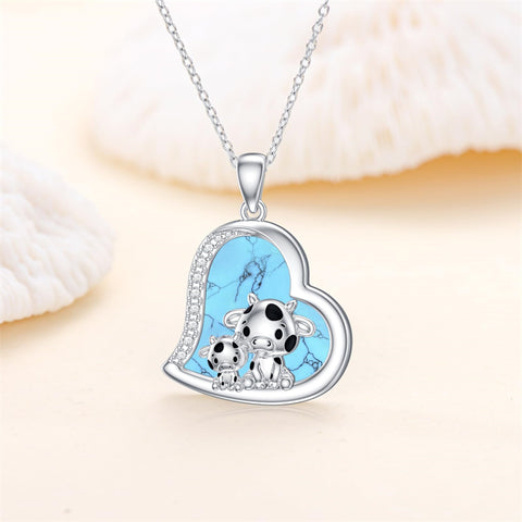 Sterling Silver Pink Opal Crystal Abalone Shell Turquoise Moss Agate Cow Pendant Necklace