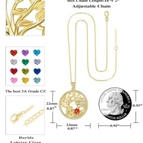14K Gold Plated Birthstone Tree of Life Mother Child Necklace for Women