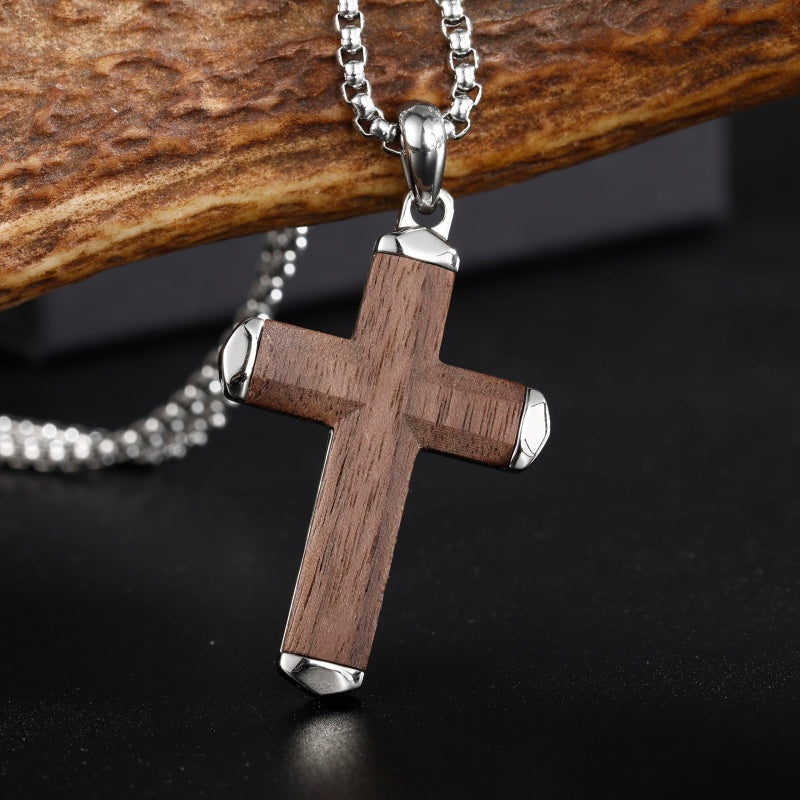 14K Gold Plated Wooden Abalone Shell Cross Pendant Necklacefor Men