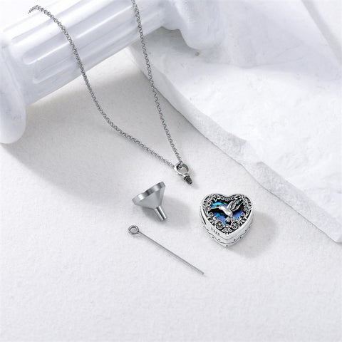 Sterling Silver Abalone Shell Heart Hummingbird Urn Locket Necklace for Ashes