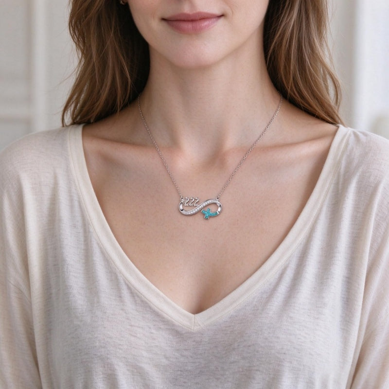 Sterling Silver Turquoise & Zirconia Infinity  111 222 333 444 777 Angel Number Pendant Necklace for Women