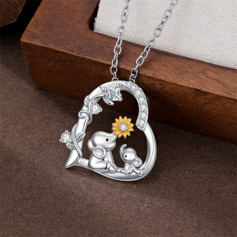 Sterling Silver Cubic Zircon Mother Daughter Mama Bear Giraffe Elephants Otters Penguins Heart Pendant Necklace