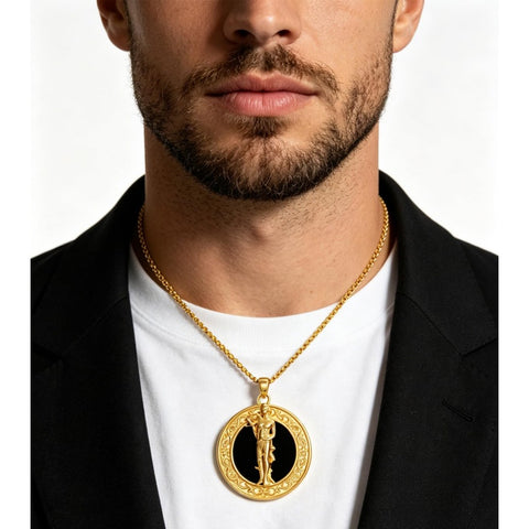 14K Gold Plated Black Onyx Patron Saint Medal Religious Amulet Pendant Necklace for Men