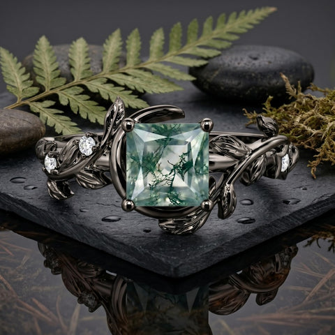 Sterling Silver 10K 14K 18K Gold 1-4CT Moss Agate Engagement Ring Promise Ring