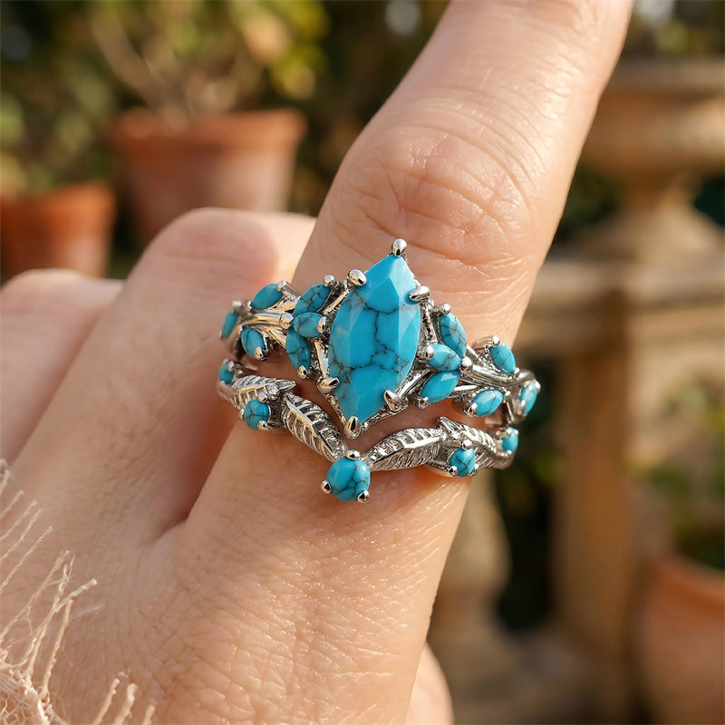 Sterling Silver Personalized Engraved 1-3CT Turquoise Engagement  Wedding Promise Ring Set for Her