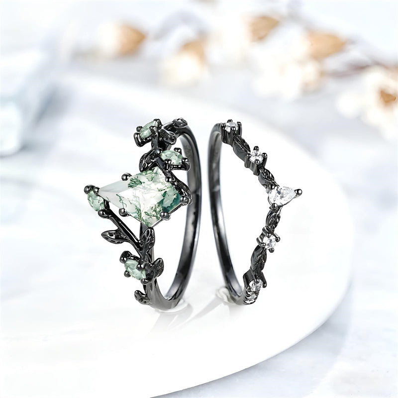 Sterling Silver 10K 14K 18K Gold 2CT Moss Agate Vine Leaf Women's Bridal Ring Sets for Wedding Engagement