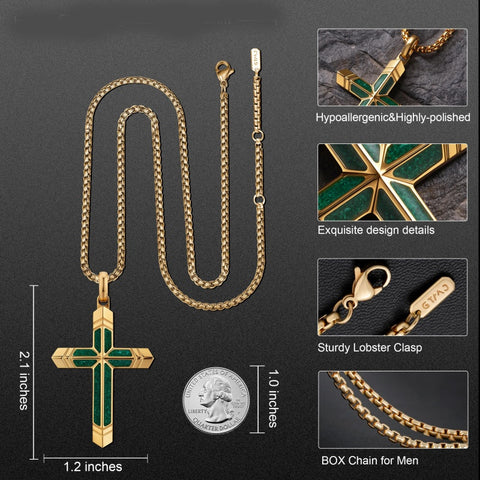 14K Gold Plated Turquoise Malachite Cross Necklace for Men Christianity Cross Jewelry