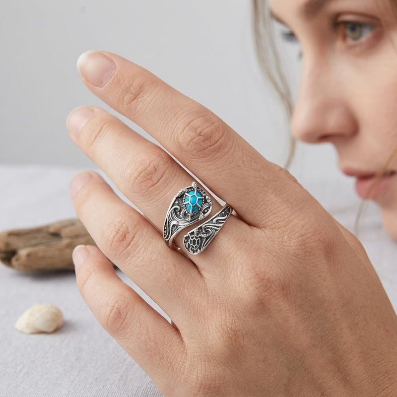 Sterling SilverMustard Seed Turtle Ocean Butterfly Dragonfly Turquoise Adjustable  Spoon Ring Spoon Jewelry for Women