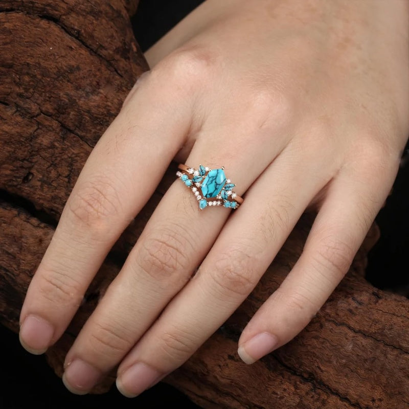 Sterling Silver 10K 14K 18K Gold Turquoise Engagement  Wedding Ring Set for Women