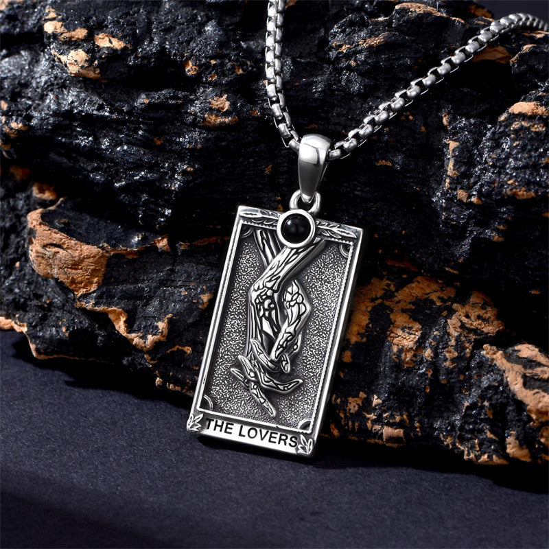 Sterling Silver Obsidian Lover Justice Cat Sun Moon Tarot Card Pendant Necklace