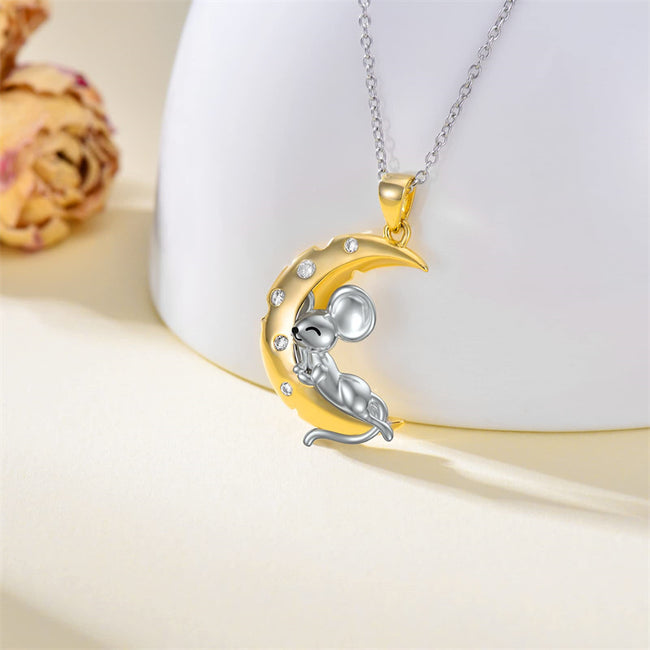 Mouse Necklace Sleeping Mice Necklaces 925 Sterling Silver Rat Pendant Mouse on Cheese Fairy Tales Pendants for Girlfriend Women