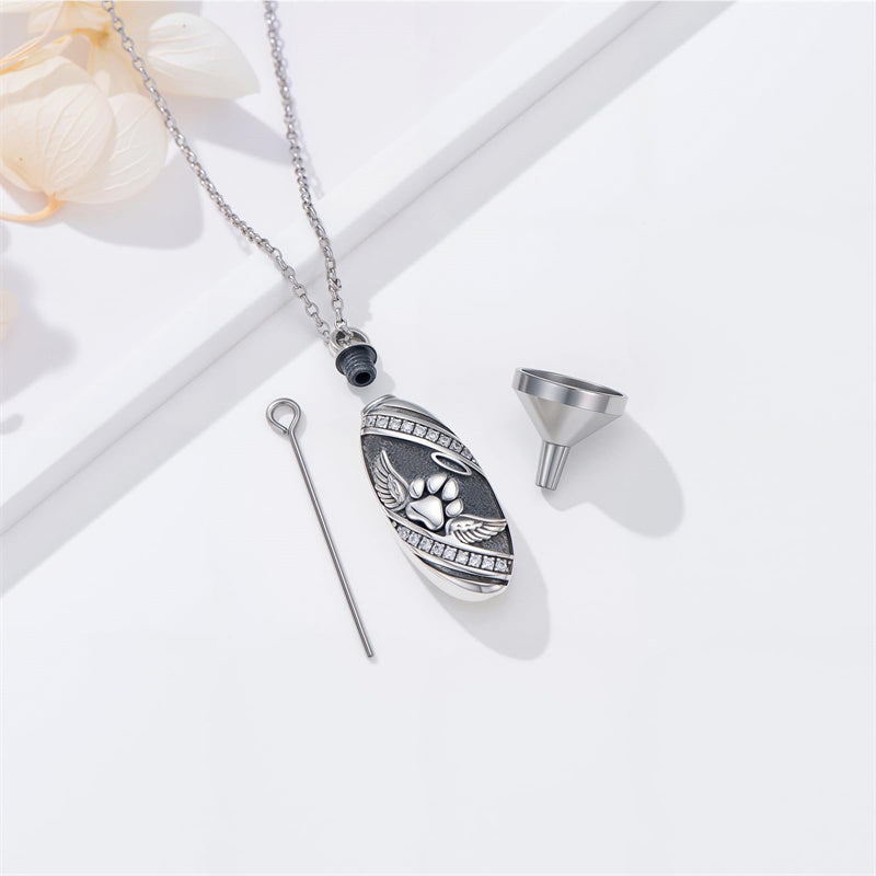 Sterling Silver Oval Paw Prints Dog FootPrints  Heart Rabbit Urn Necklace for Ashes Keepsake Jewelry for Women