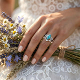 Sterling Silver Personalized Engraved 1-3CT Turquoise Engagement  Wedding Promise Ring Set for Her