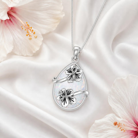 14K  White Gold Plated White Opal Flower Pendant Necklace Birthday Anniversary Jewelry Gifts for Women