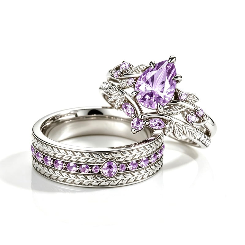 Sterling Silver 10K 14K 18K Gold Purple Gemstone Amethyst  Rings Set Couple Promise Rings Wedding Anniversary Rings