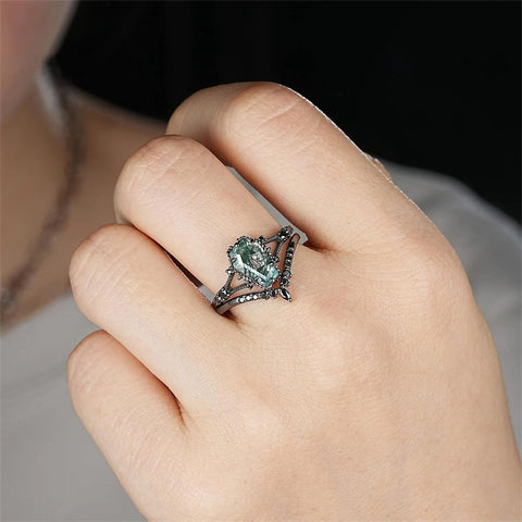 Sterling Silver 10K 14K 18K Gold 2CT Moss Agate Vine Leaf Women's Bridal Ring Sets for Wedding Engagement