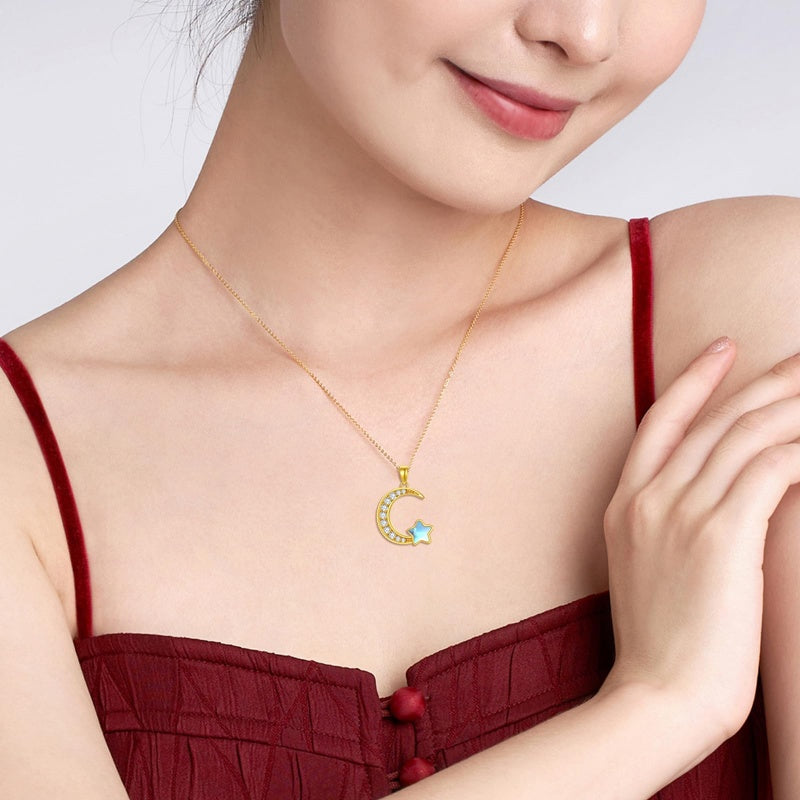 10K 14K 18K Yellow Gold Moonstone Moissanite Moon and Star Necklace Birthday Anniversary Jewelry Gift for Her