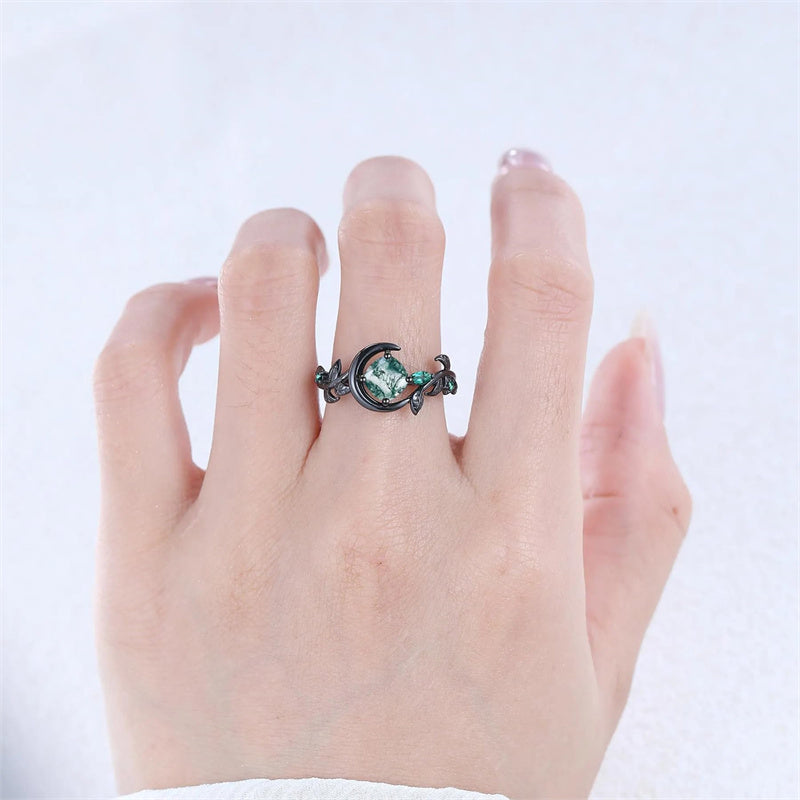 Sterling Silver 10K 14K 18K Gold Natural Leaf  Moss Agate Engagement Anniversary Couple Ring Sets