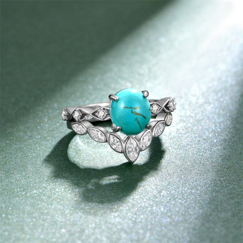 Sterling Silver Genuine Turquoise Engagement Wedding Ring Set for Women