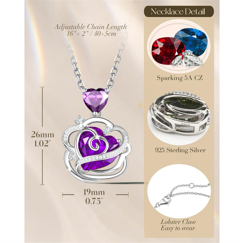 Sterling Silver Thornless Pulse Heart Birthstone  Rose Pendant Necklace