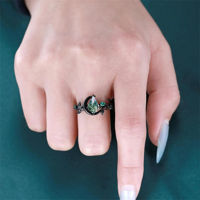 Sterling Silver 10K 14K 18K Gold Natural Leaf  Moss Agate Engagement Anniversary Couple Ring Sets