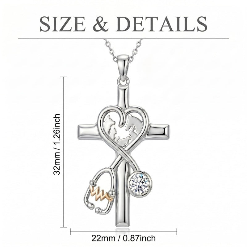 14K Gold Plated  Birthstone Stethoscope Cross Necklace Graduation Gifts for Women RN