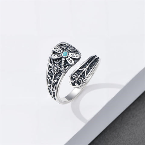 Sterling Silver Dragonfly Jesus Fish Adjustable Spoon Ring for Women