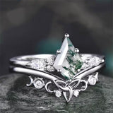 Sterling Silver 10K 14K 18K Gold Personalize Engraved Moss Agate Engagement Rings for Women