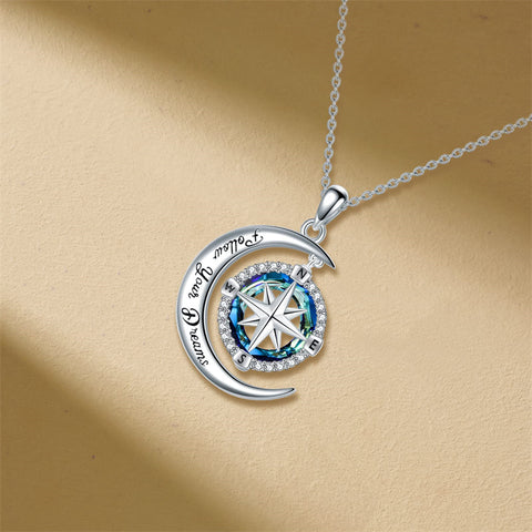 Sterling Silver Crystal Compass Pendant Necklace With Engraved