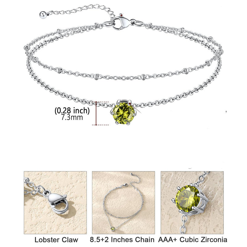 Sterling Silver  Round Birthstone Double Layer Charm Anklet