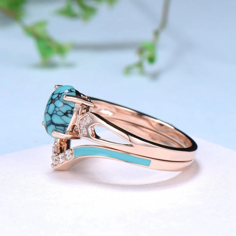 Sterling Silver 10K 14K 18K Gold Turquoise Engagement  Wedding Ring Set for Women