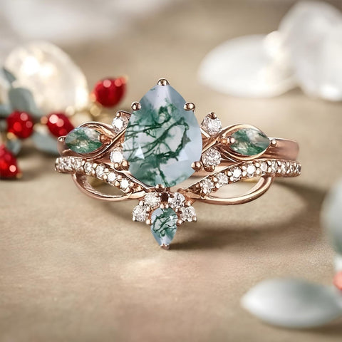 Sterling Silver 2CT Moss Agate  Engagement Wedding Ring Sets for Women