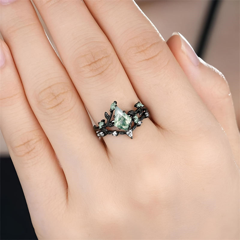 Sterling Silver 10K 14K 18K Gold 2CT Moss Agate Vine Leaf Women's Bridal Ring Sets for Wedding Engagement